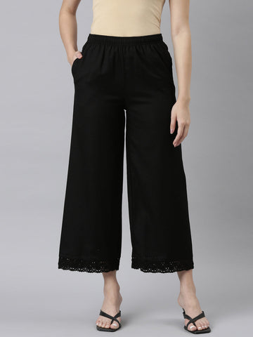 Women Solid Black Mid Rise Linen Wide Pant