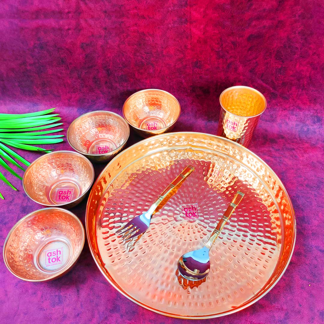 Copper Thali Set, South Indian Thali Set, Include- 1Plate, 1Glass, 4 Bowls. and 2 Cutlery(Spoon and Fork)