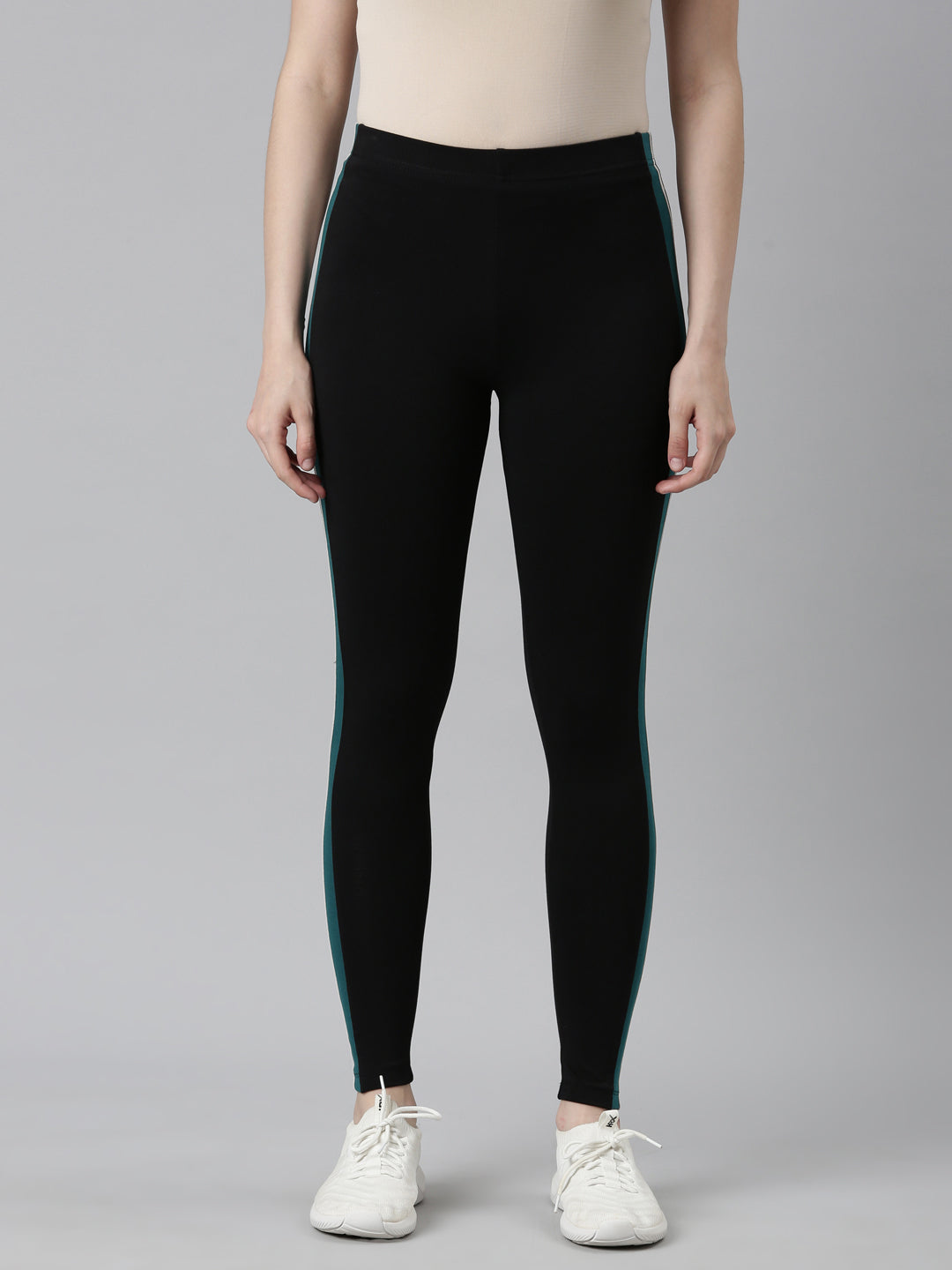 Black Cotton Stretch Side Stripes Active Leggings