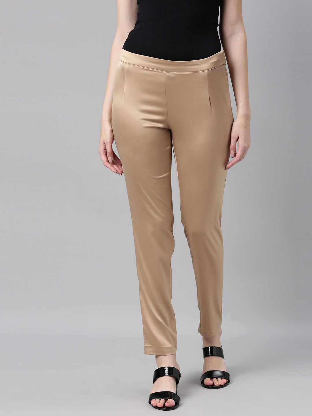 Women Solid Gold Mid Rise Shiny Pants