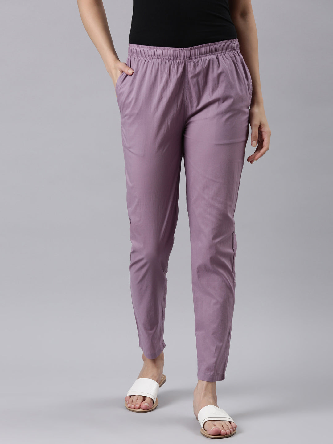 Women Solid Lilac Mid Rise Cotton Pants