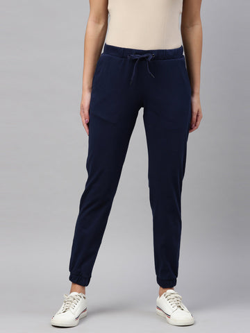 Women Solid Cotton Navy Cuffed Joggers