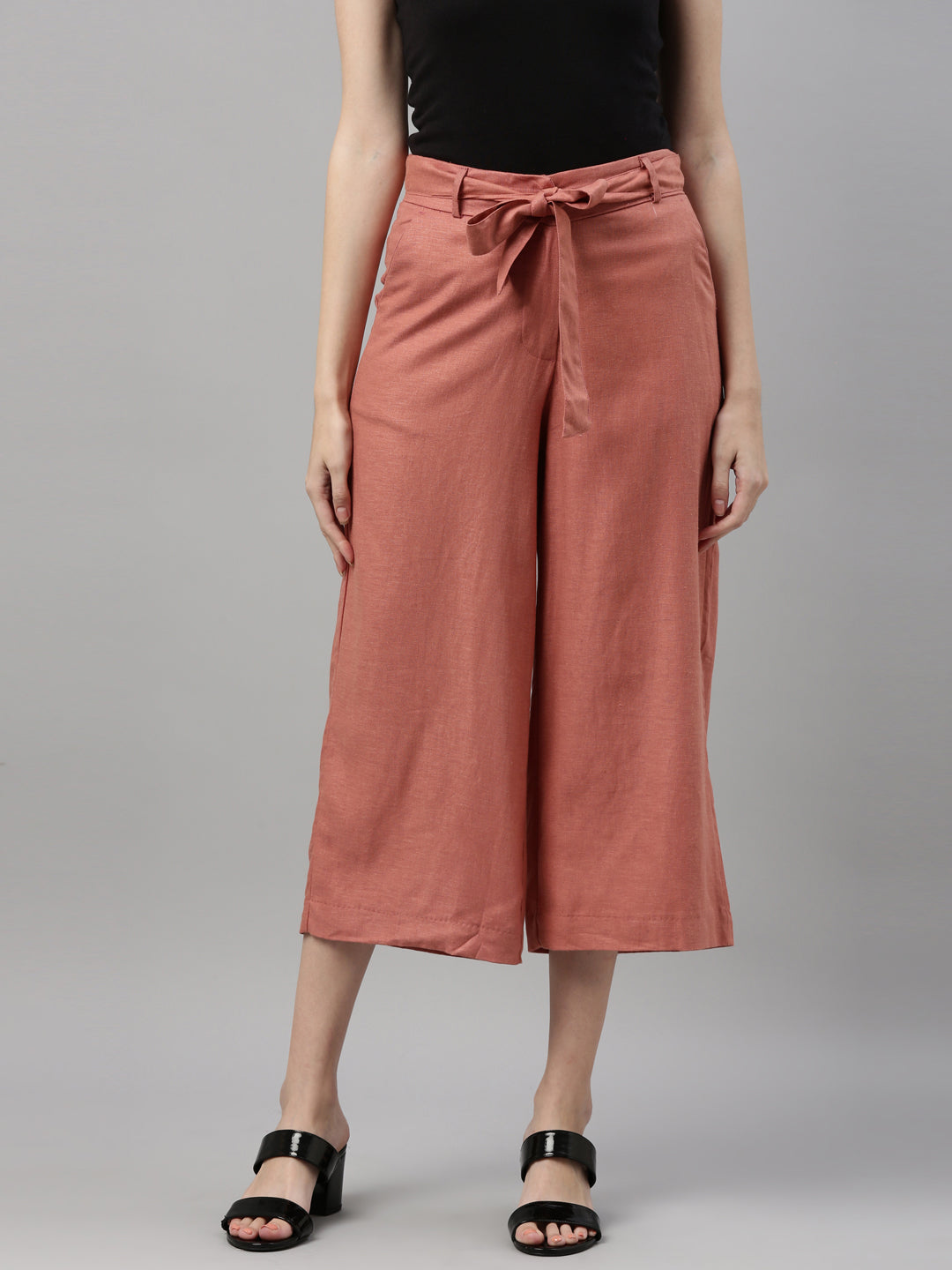 Women Solid Beige Linen Mid Rise Culottes