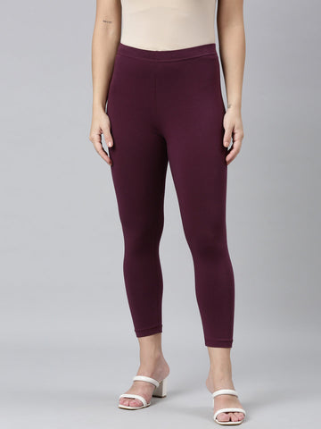 Women Solid Dark Purple Cropped Leggings