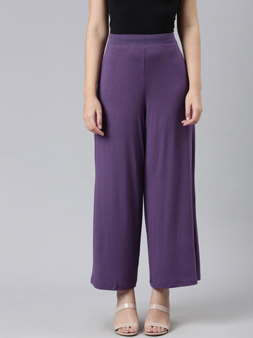 Women Solid Purple Viscose Mid Rise Knit Palazzos