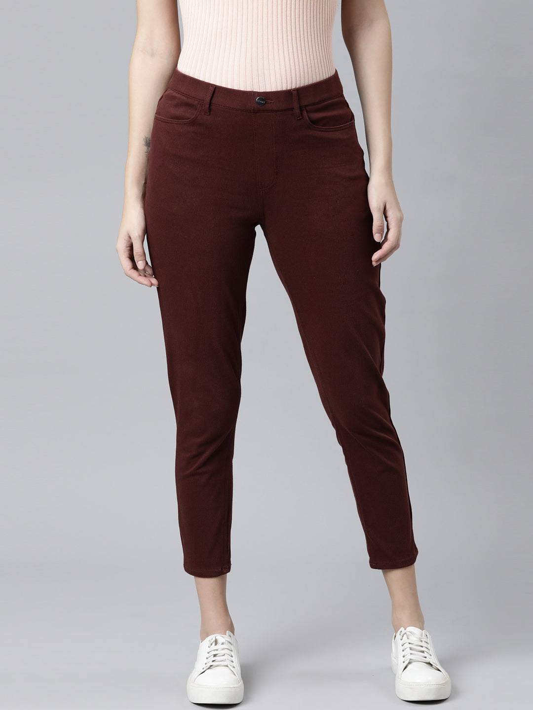 Bright Maroon Cotton Poly Stretch Cropped Colored Jeggings