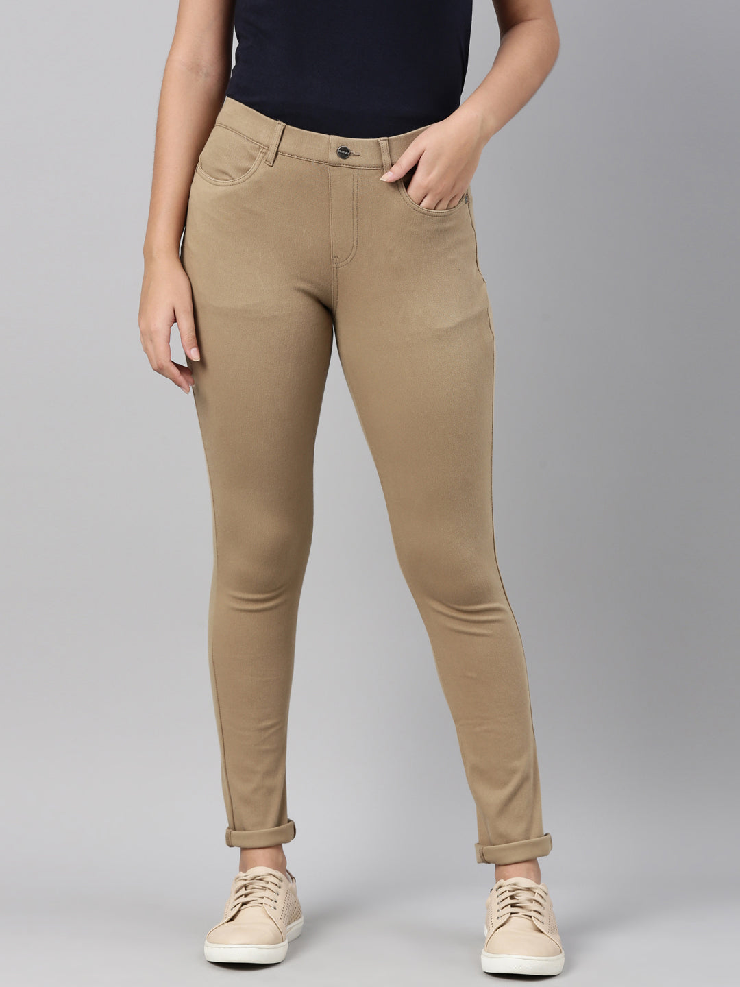 Khaki Cotton Polyester Super Stretch Jeggings