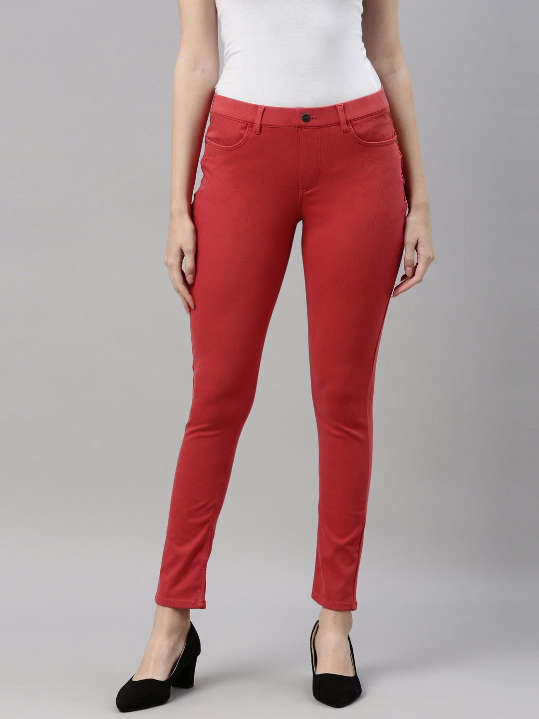 Young Red Cotton Polyester Super Stretch Jeggings