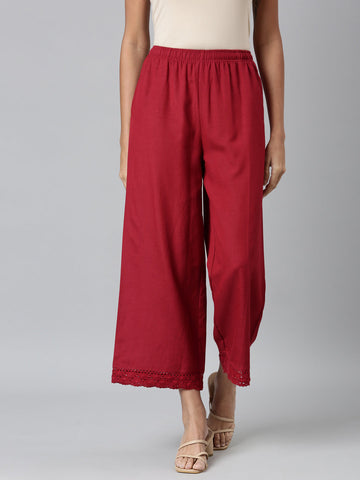 Women Solid Light Maroon Mid Rise Linen Wide Pant