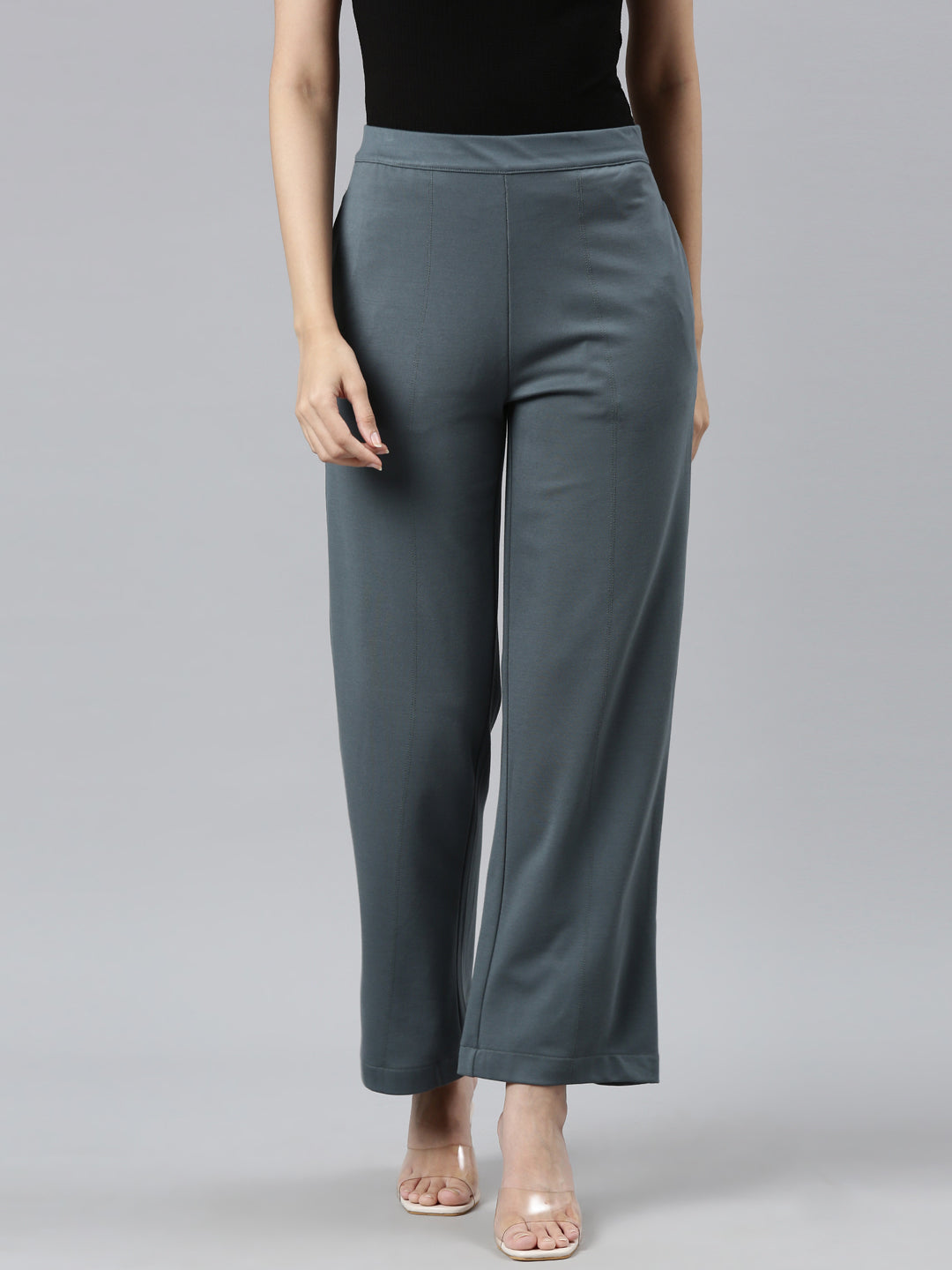 Women Solid Ocean Green Ponte Wide Leg Pants