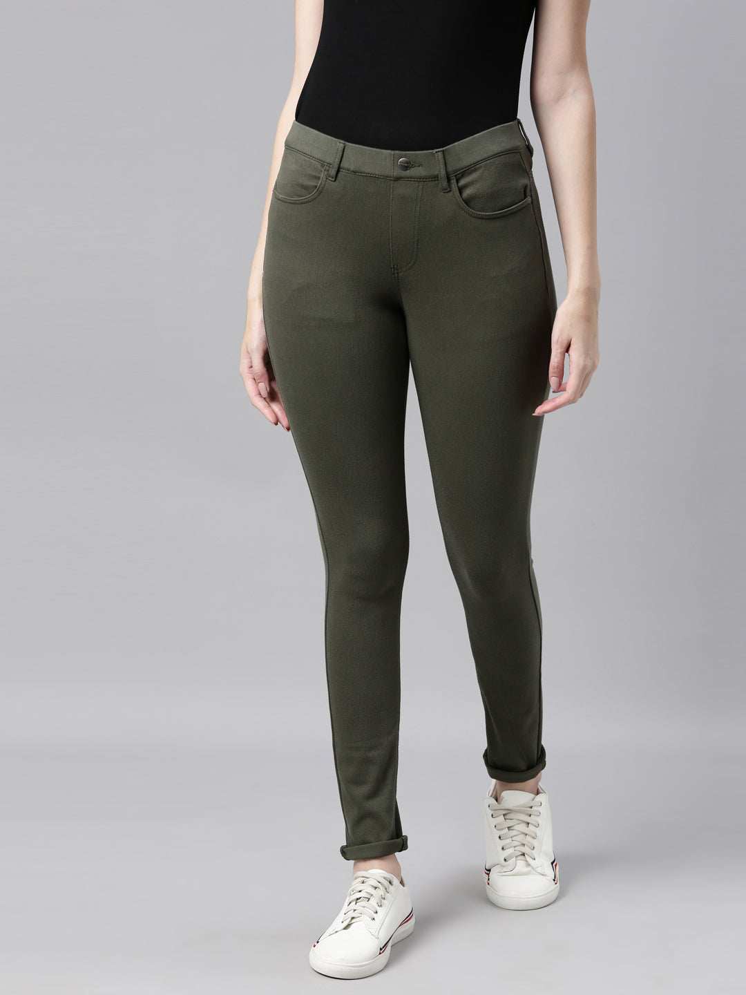 Dark Olive Cotton Polyester Super Stretch Jeggings