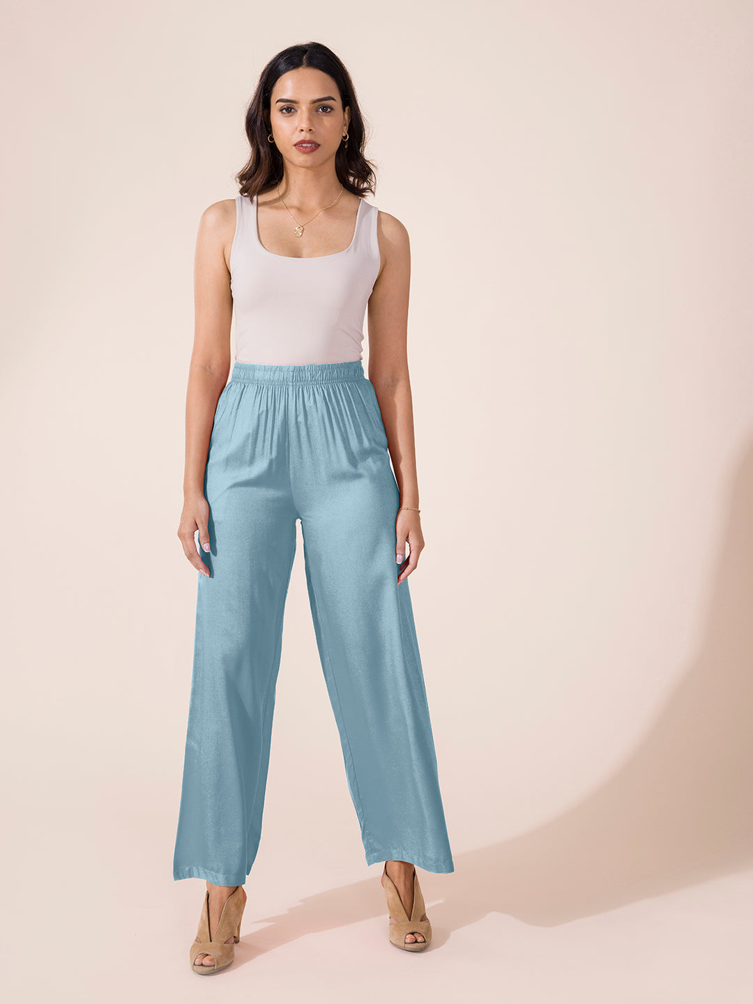 Women Solid Dusty Blue Woven Viscose Mid Rise Basic Palazzos