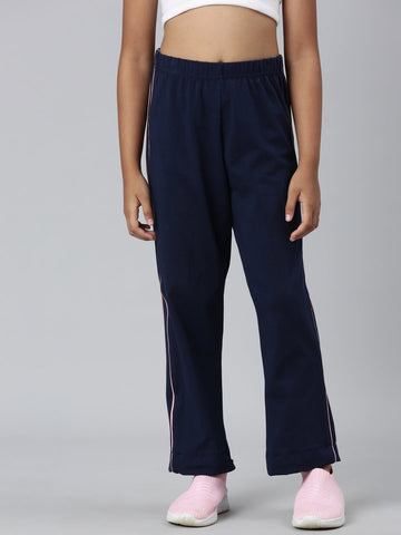 Girls Navy Side Stripe Mid Rise Track Pants