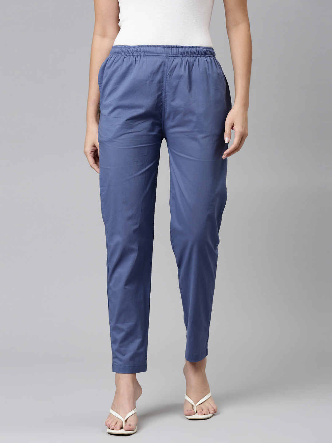 Women Solid Jean Blue Mid Rise Cotton Pants