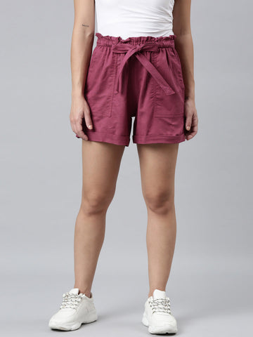 Women Solid Plum High Rise Linen Shorts