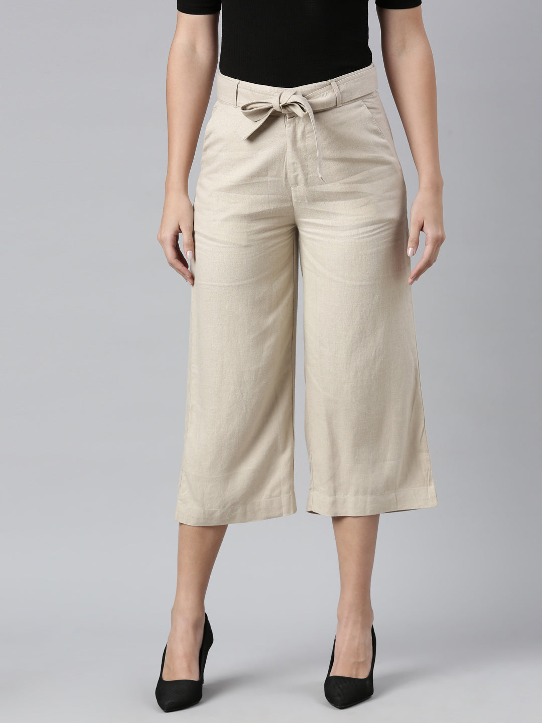 Women Solid Light Beige Linen Mid Rise Culottes