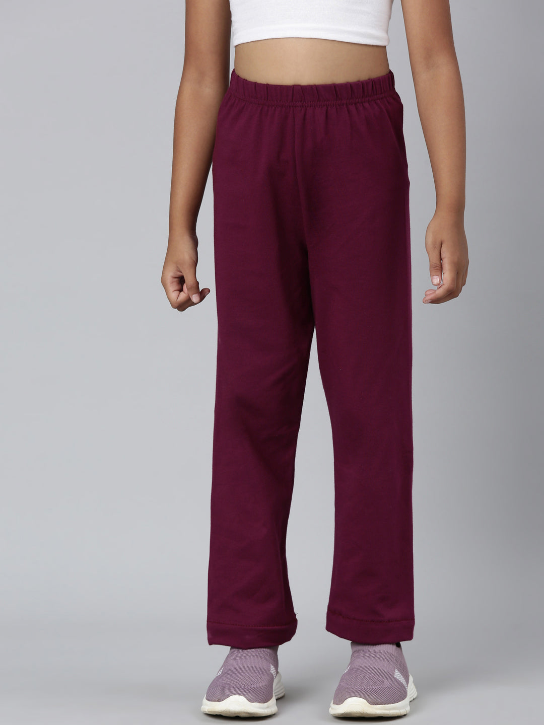 Girls Solid Plum Mid Rise Track Pants