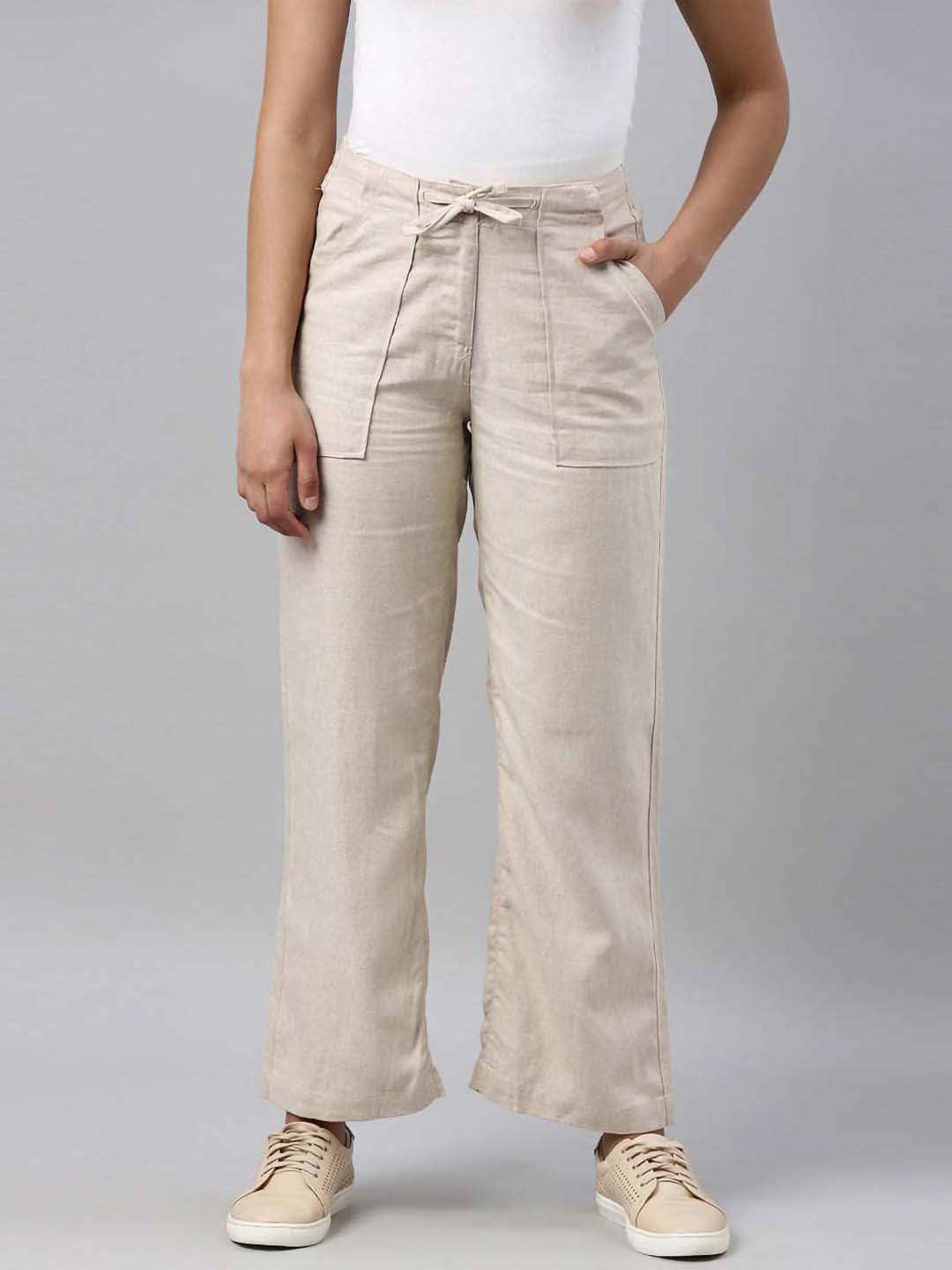 Women Solid Beige Linen Cargo Pant