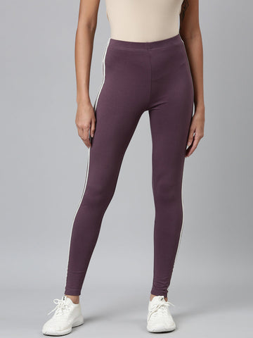 Women Purple Cotton Side Stripe Active Leggings