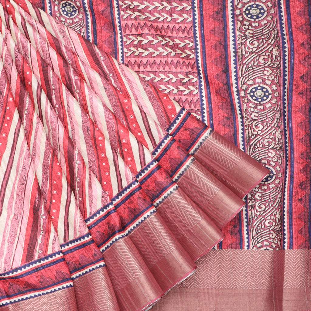 Pink Multicolor Tussar Printed Saree With Diagonal Stripes Pattern