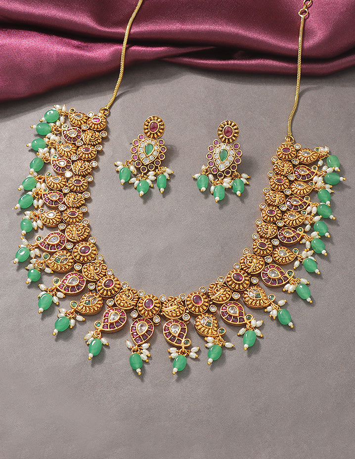 Designer Elegant Mango Shaped Matt Kempu Necklace Set