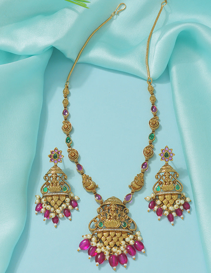 Designer Zirconia Royal Devi Temple Kempu Necklace Set