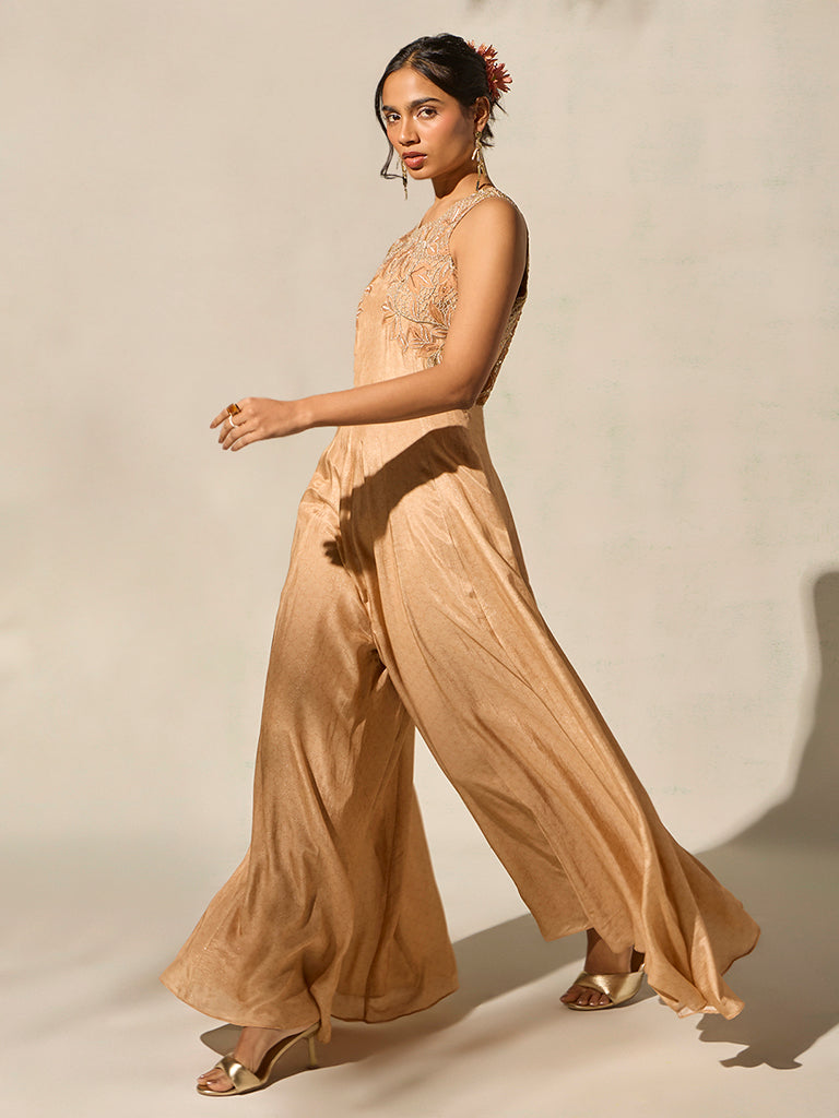 Floral Embroidered Jumpsuit - Peach