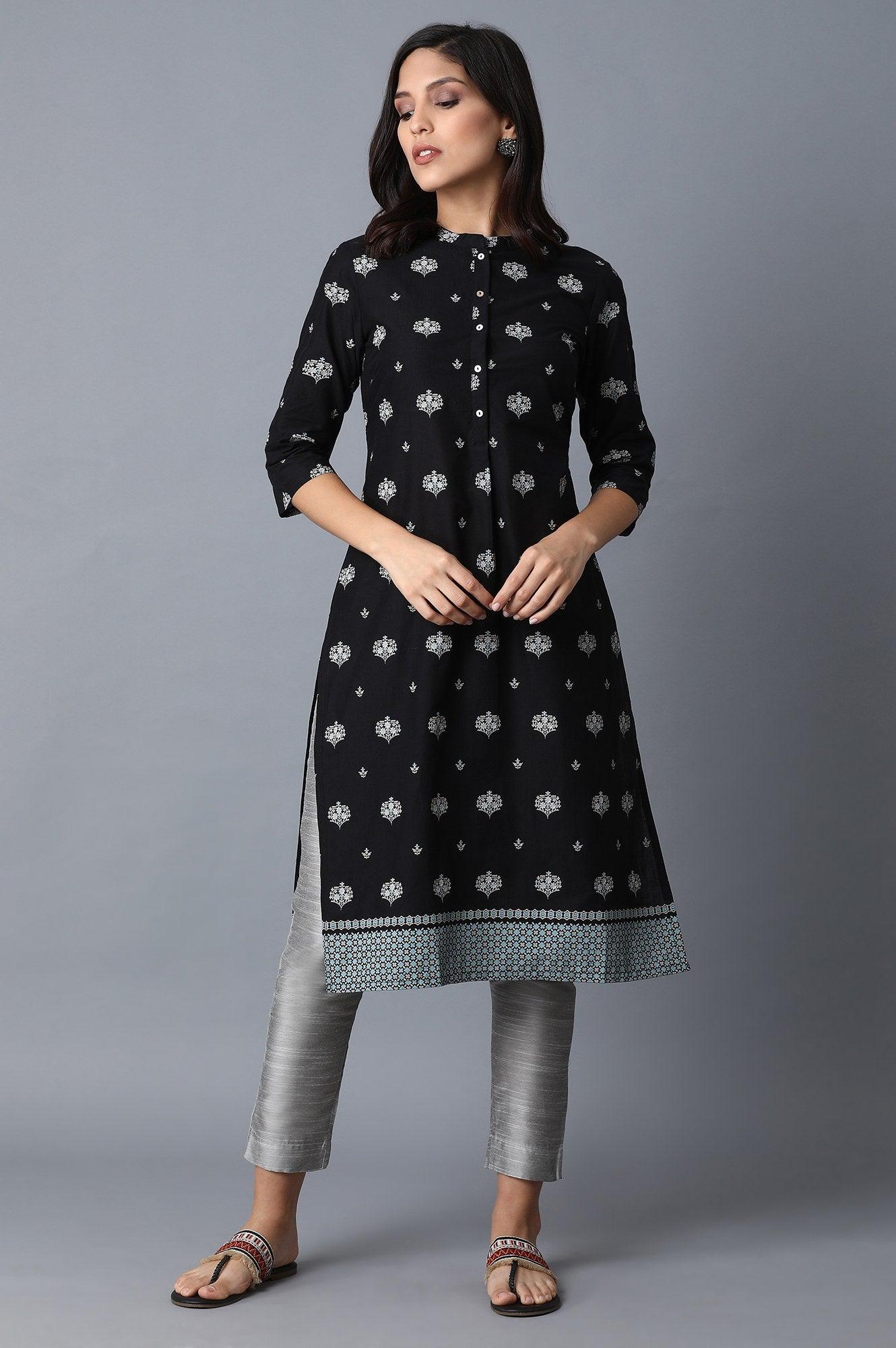 Black Geometric Printed Pure Cotton Straight Kurta