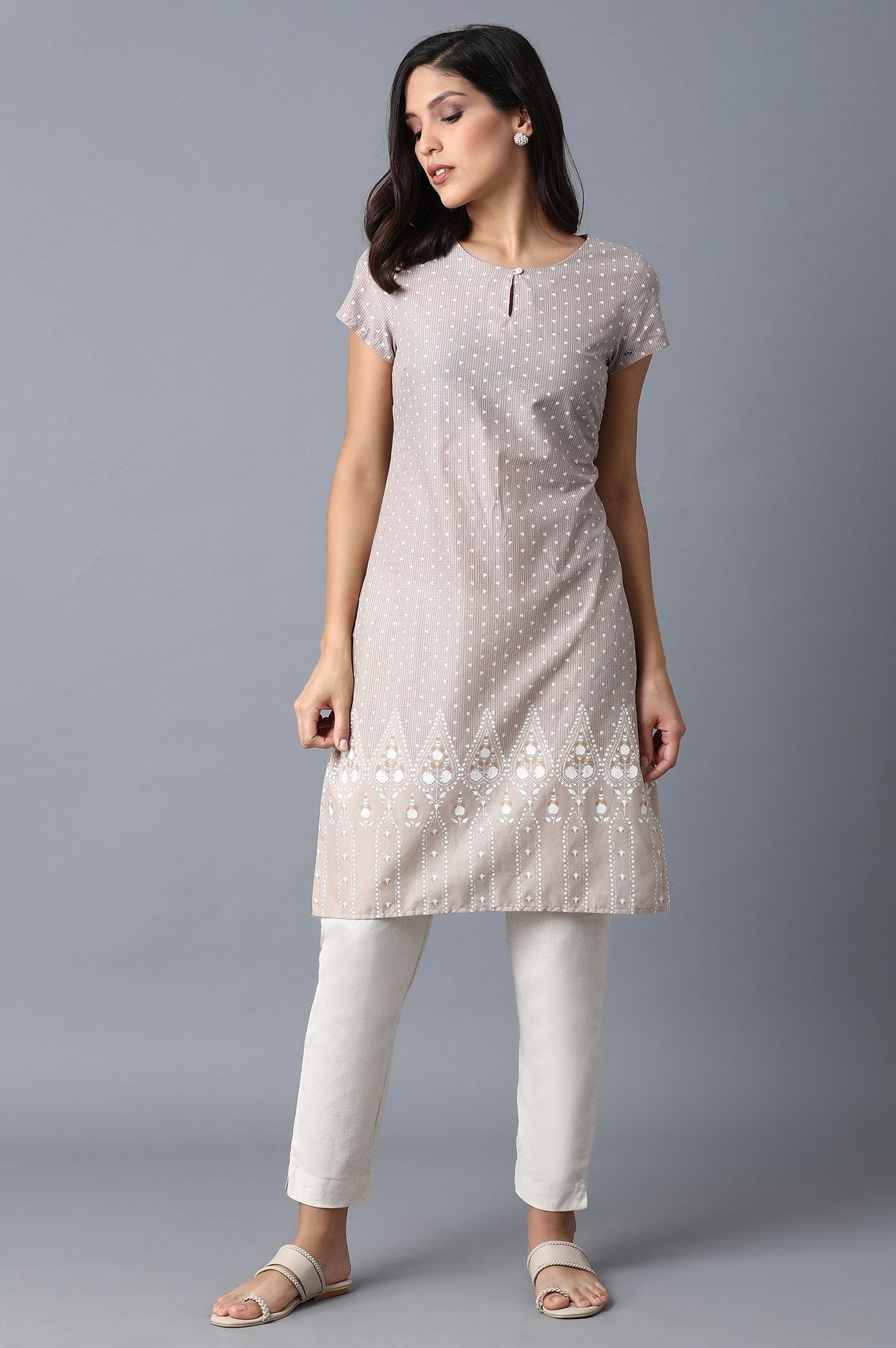 Beige Printed Kurta