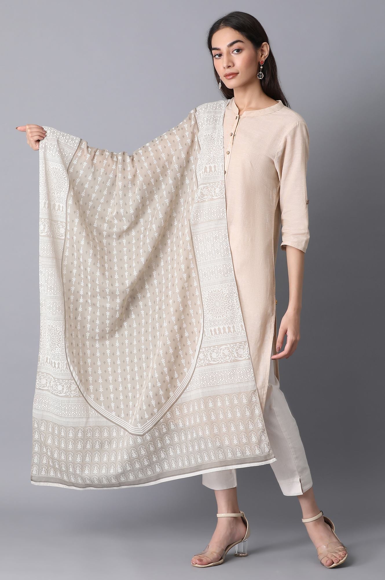 Beige Voile Printed Dupatta