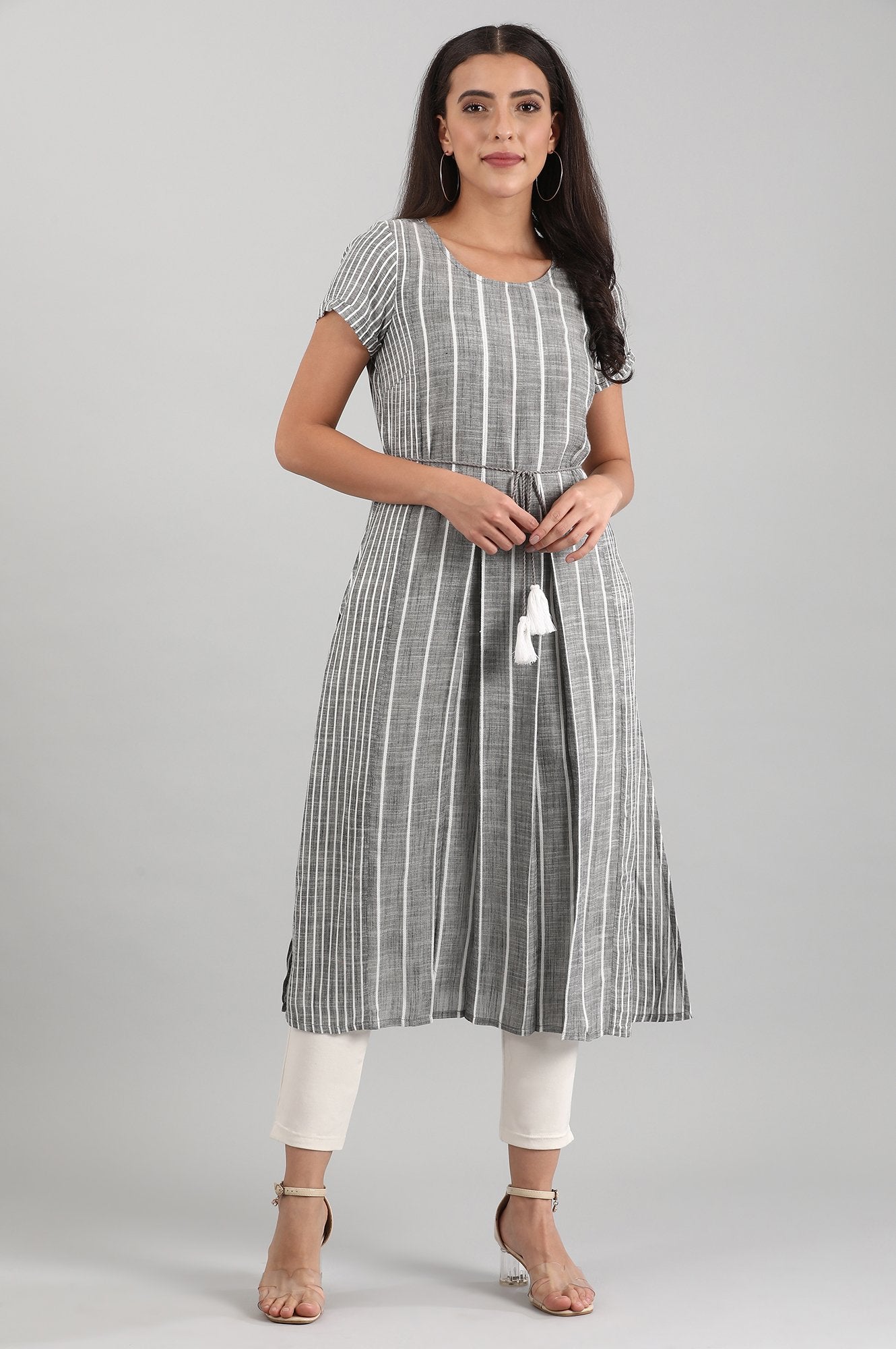 Black Round Neck Striped Liva kurta