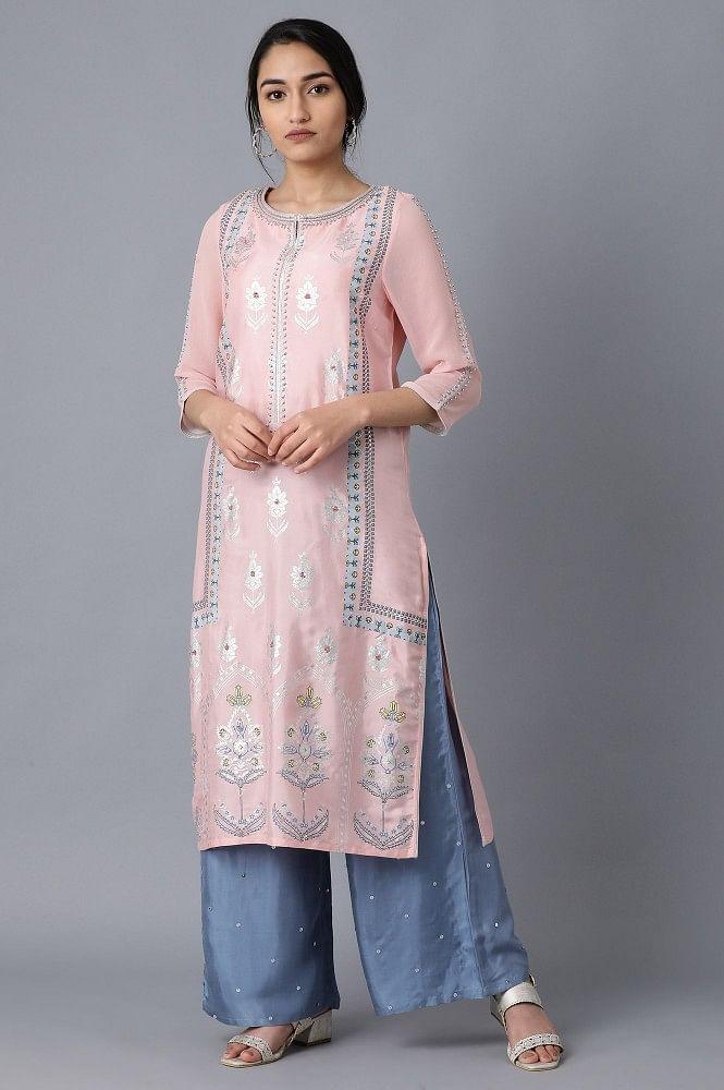 Pink Round Neck Printed kurta