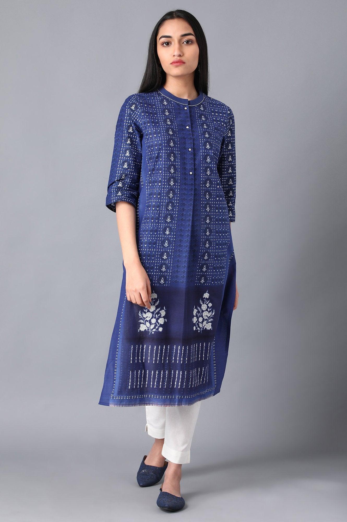 Blue Cotton Printed kurta in Mandarin Collar