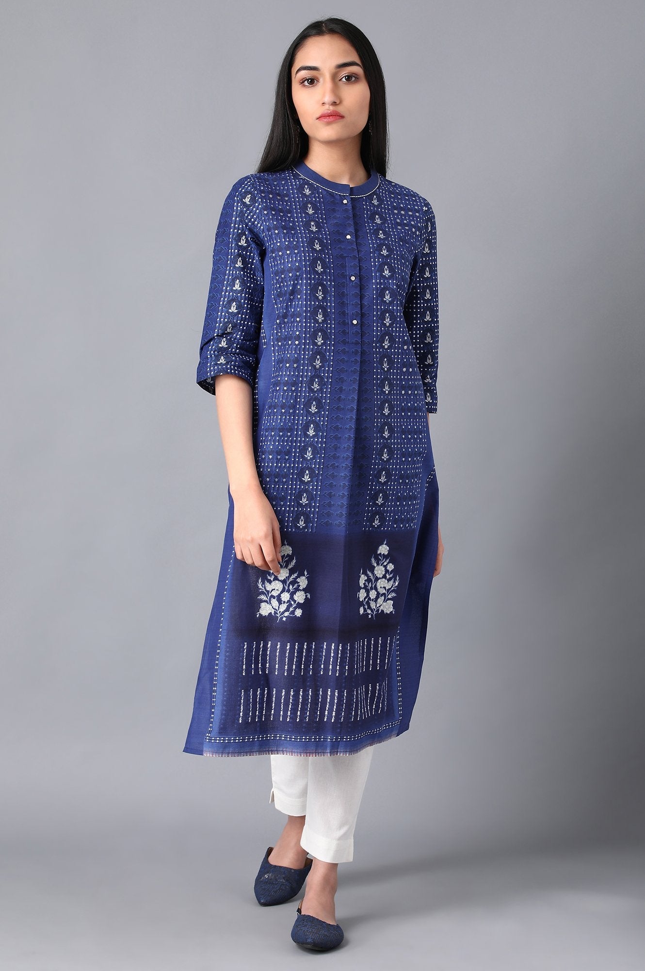 Blue Mandarin Neck Printed kurta