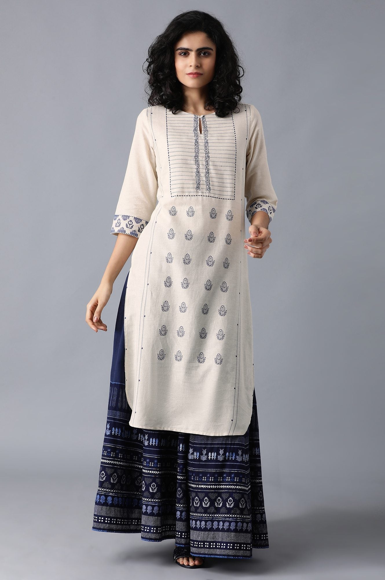 Ecru Round Neck Printed kurta