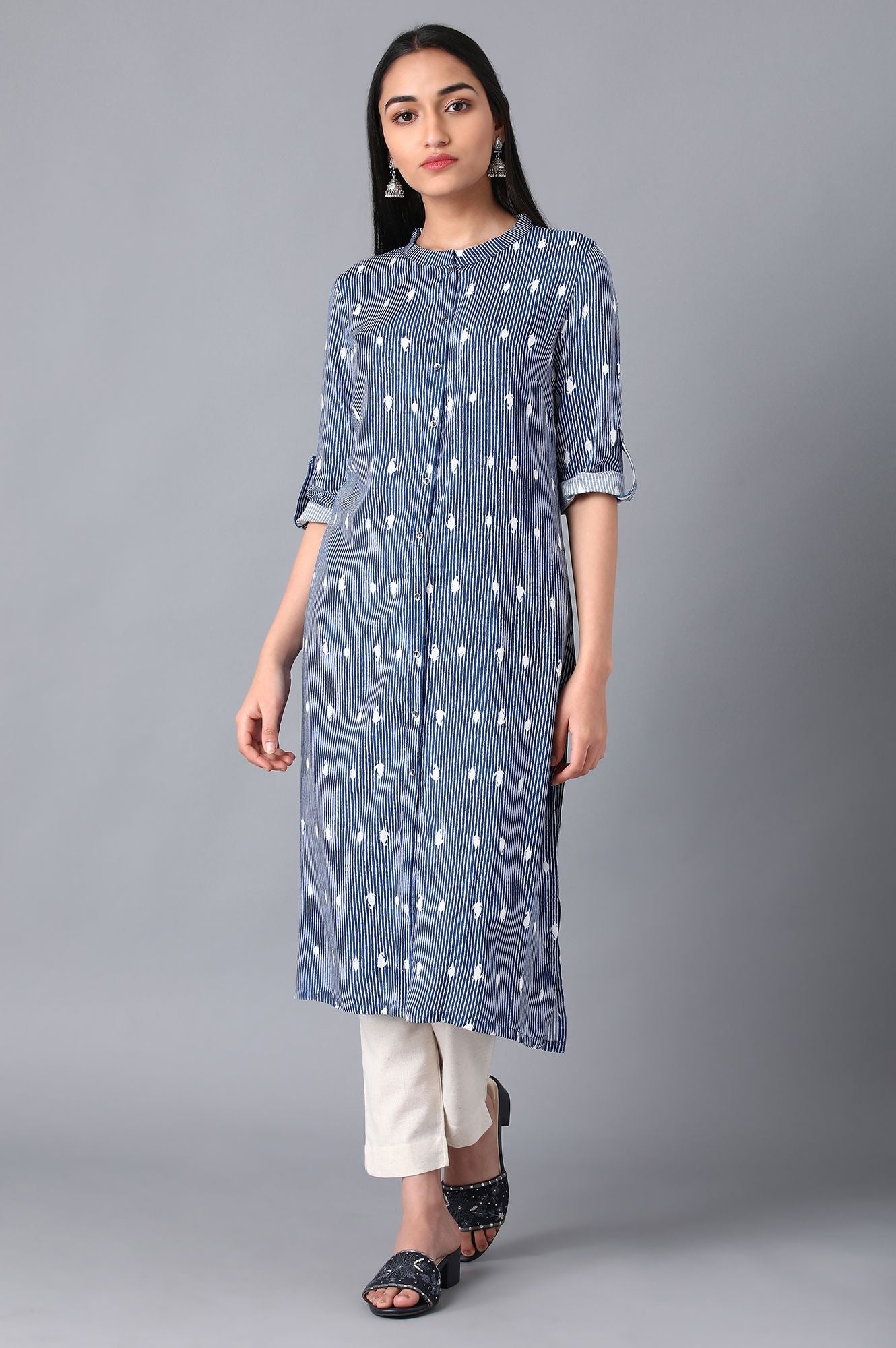 Blue Mandarin Neck Printed kurta