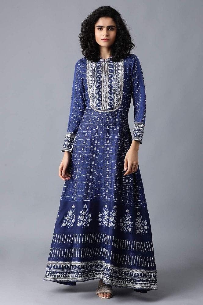 Blue Mandarin Neck Printed Festive Dress