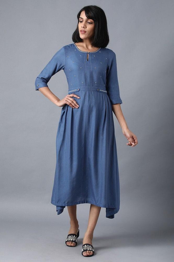 Blue Round Neck Flared Dress