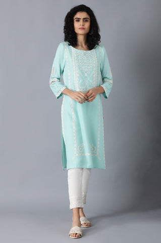 Blue Round Neck Glitter Printed Livaeco kurta