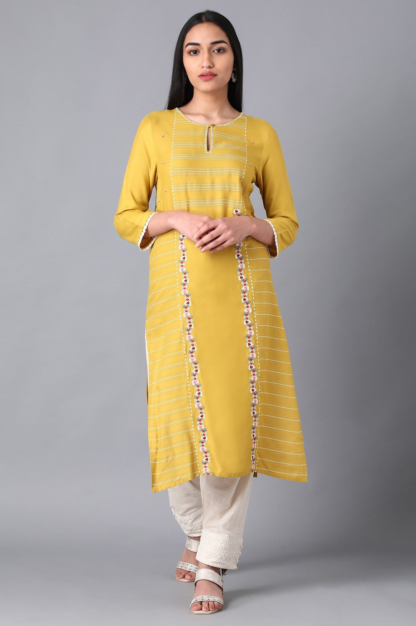 Mustard Round Neck Embroidered Livaeco kurta