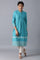 Teal Flora Print Straight Kurta In Mandarin Collar