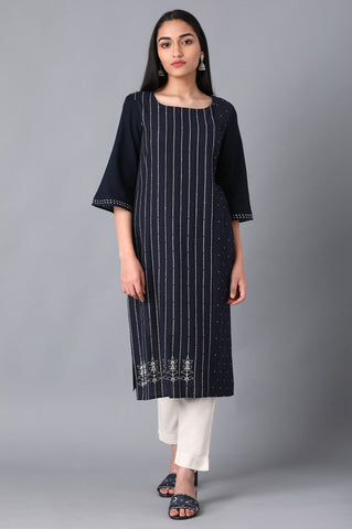 Navy Boat Neck Printed kurta