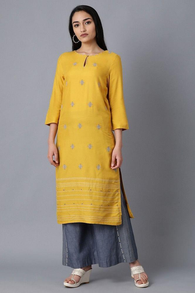 Yellow Round Neck Embroidered kurta