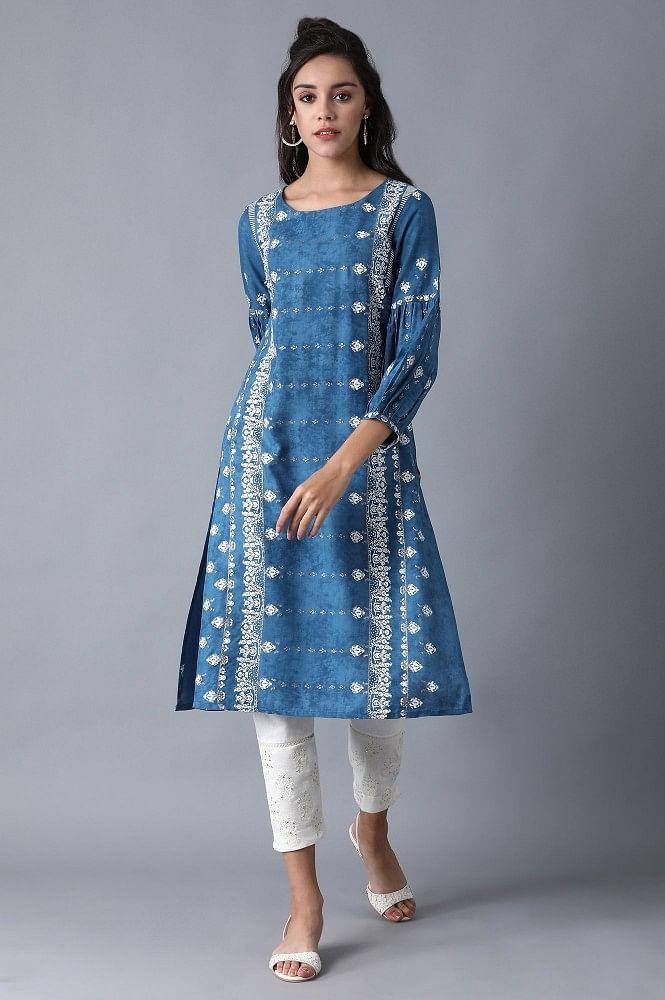 Blue Round Neck Printed kurta