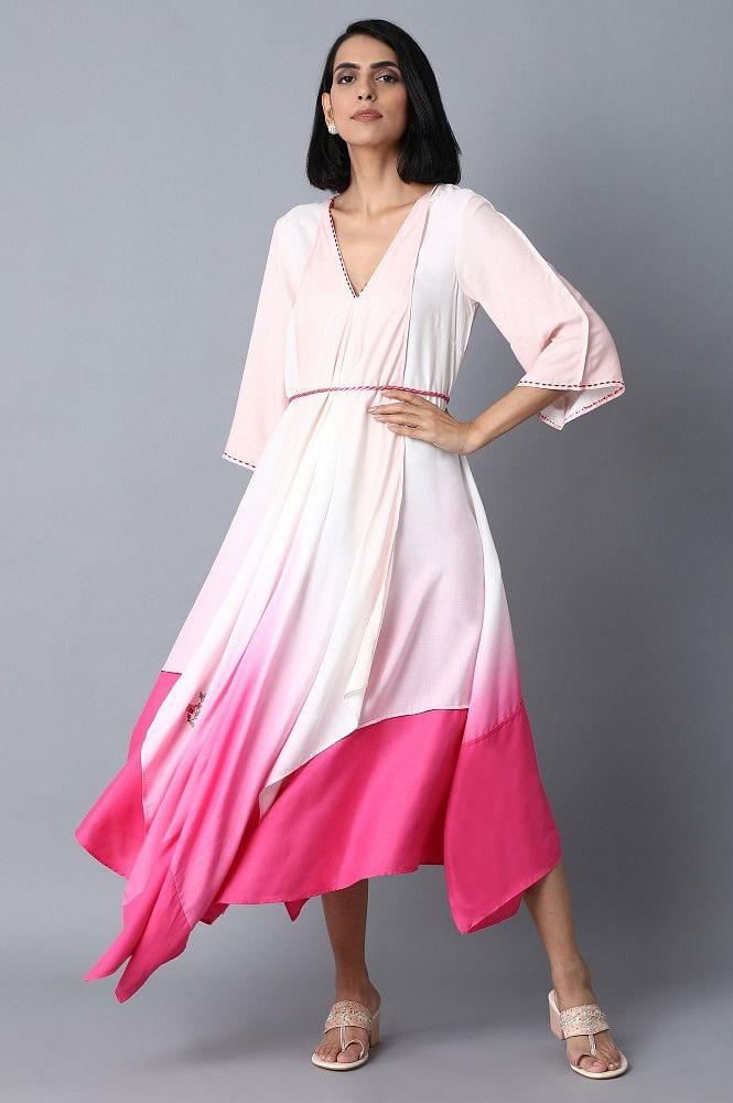 Pink and Ecru Color Blocked Asymetric Dress