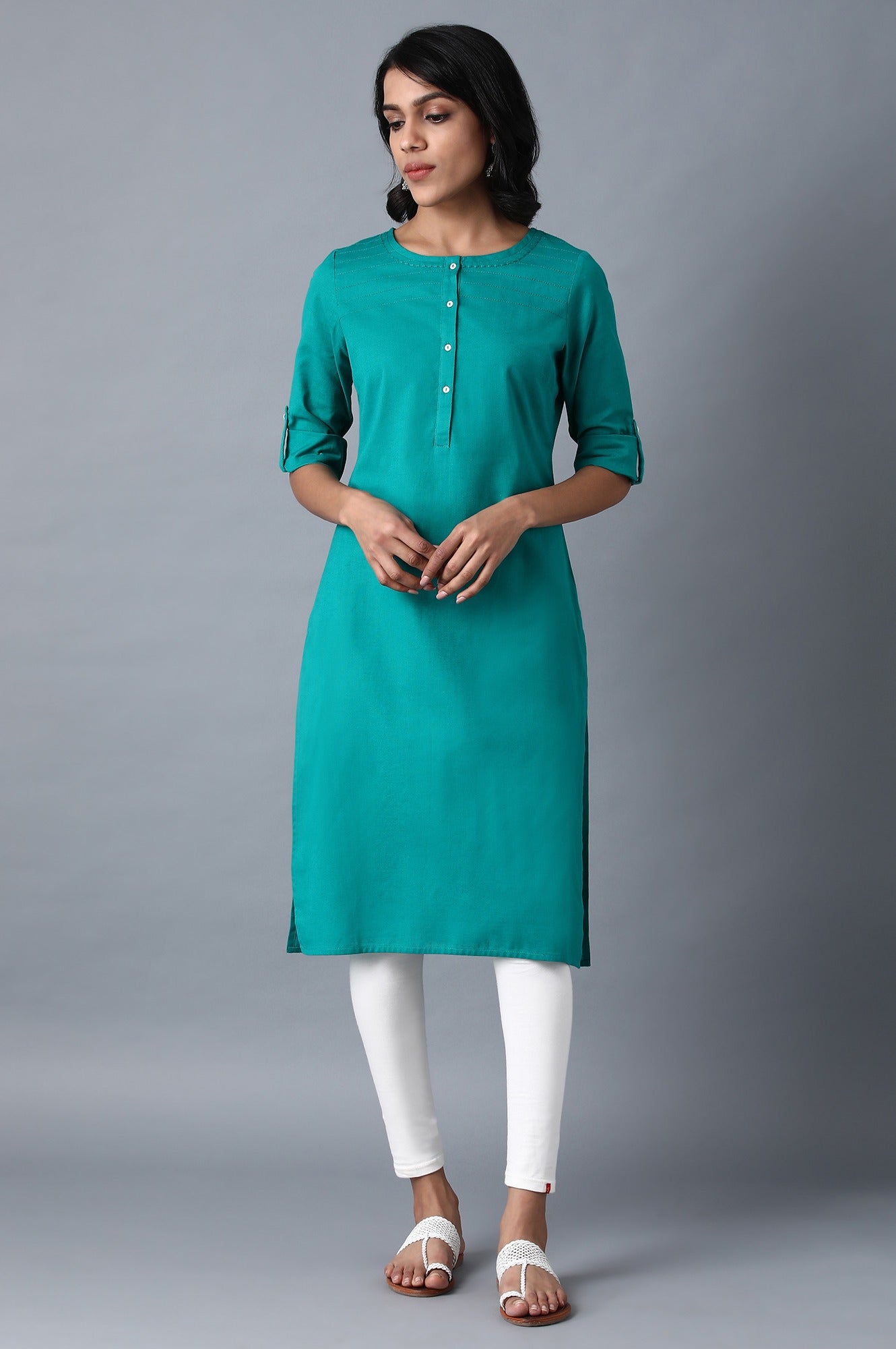 Green Round Neck Solid kurta