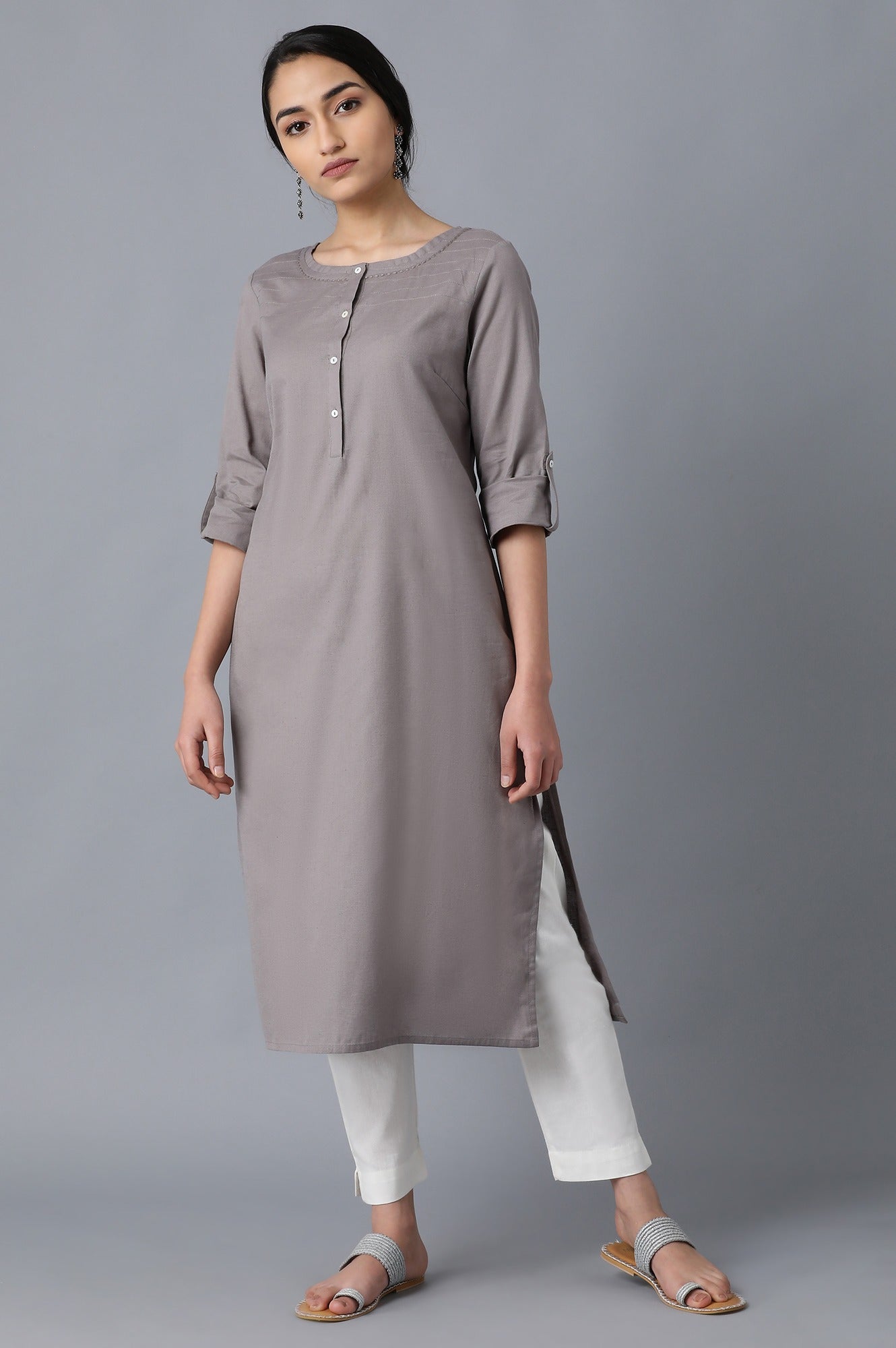 Grey Round Neck Solid kurta