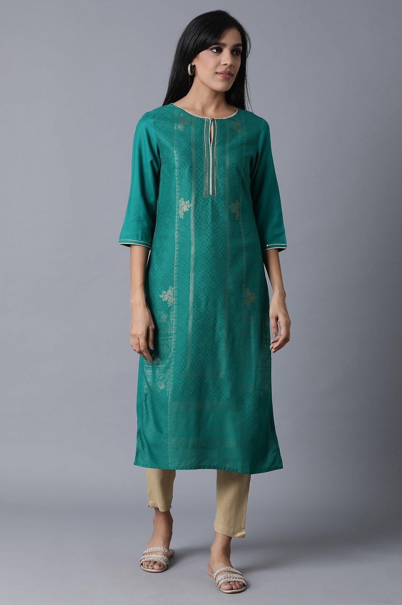 Sap Green Foil Print kurta In Keyhole Neck