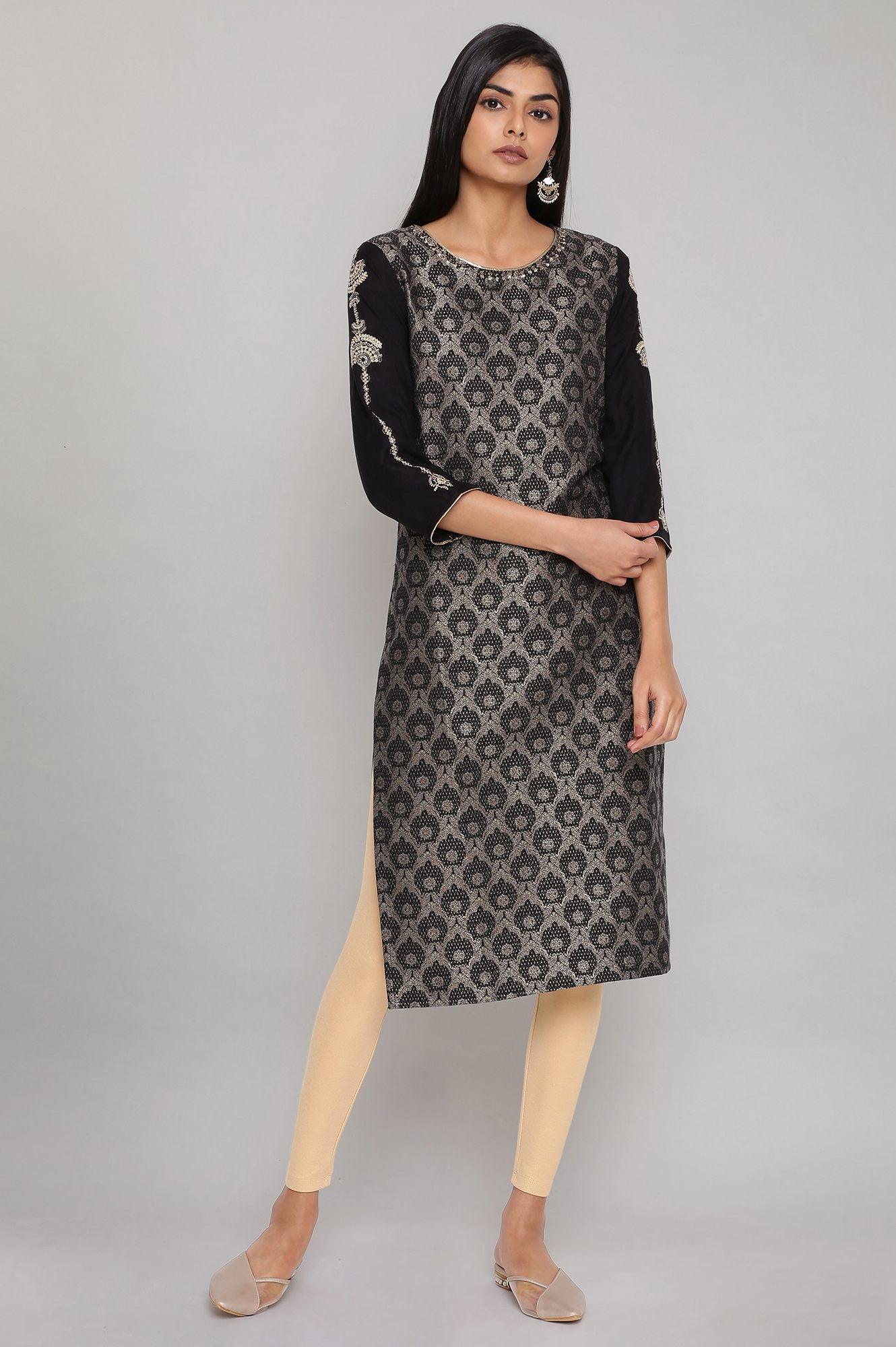 Black Jacquard kurta with Embroidery