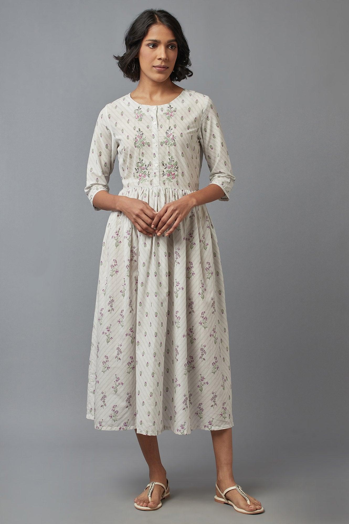 Ecru Gathered Dress with Embroidery